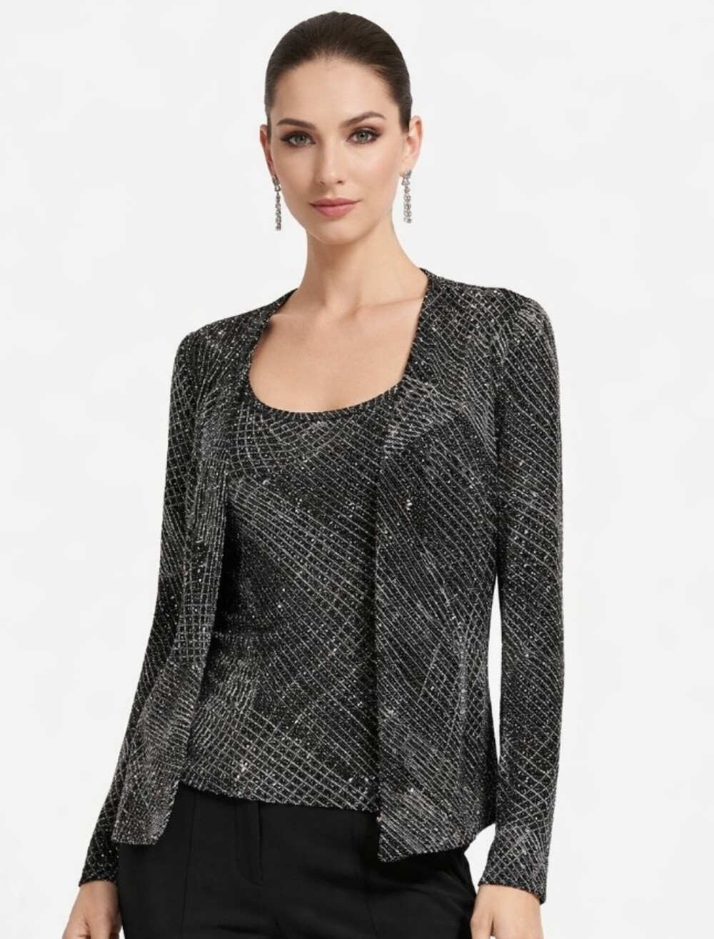 J.R. Nites Evening Metallic Tank And Jacket 2 Piece Set Black Silver 10P